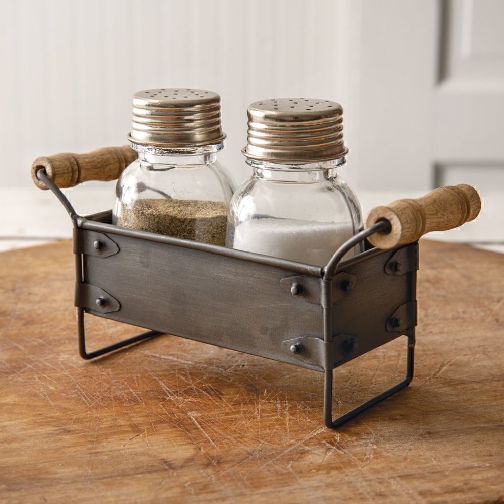 NEW! Farmhouse Metal Crate Caddy with Glass Salt and Pepper Shakers Rustic